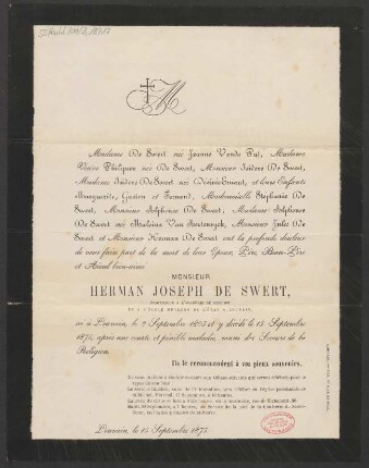 Todesanzeige Herman Joseph de Swert