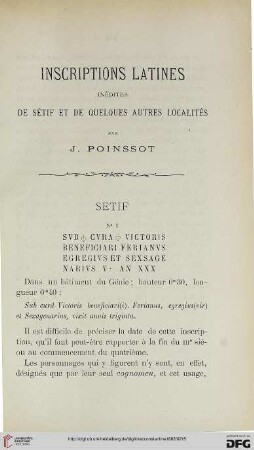 Sér. 3: Inscriptions latines inédites de Sétif et de quelques autres localités