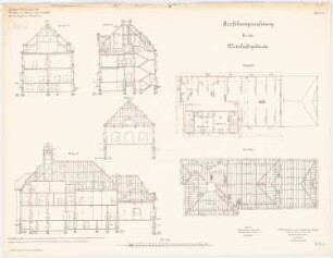 Kavalleriekaserne, Mülhausen: Wirtschaftsgebäude: Grundriss Dachgeschoss, Sparrenlage, Längsschnitt, Querschnitt 1:100