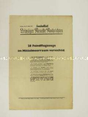 Sonderblatt der "Leipziger Neuesten Nachrichten" mit Kurzmeldungen von verschiedenen Kriegsschauplätzen u.a über die deutsche Bombardierung von sowjetischen Handelsschiffen in der Wolga-Mündung