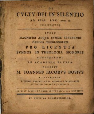 De cultu Dei in silentio, ad Psalm. LXV, comm. 2. illustrandum dissertatio inauguralis