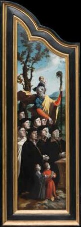 Triptychon mit der Kreuzigung Christi, Heiligen und Stifterfamilie. Linker Innenflügel: Stifter mit dem Heiligen Christophorus