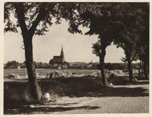 Blick auf Treptow an der Rega (heute Trzebiatów, Polen). Im Bildhintergrund die Marienkirche, eine dreischiffige Hallenkirche; im 14. Jh. im Stil der Backsteingotik errichtet. (bis 1945 evangelische Stadtpfarrkirche; ab 1945 katholische Pfarrkirche). Im Vordergrung eine von Bäumen gesäumte Allee