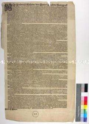 Patent von Friedrich Wilhelm Kurfürst von Brandenburg zur Bestallung von Heinrich von Portz zum Kämmerer und Regelung der Landesverwaltung zum wirtschaftlichen Aufschwung und zum Schutz der Einwohner