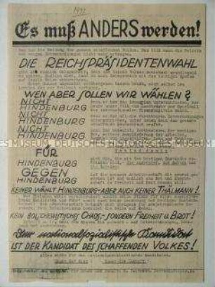 Flugblatt zur Reichspräsidentenwahl 1932 mit Wahlaufruf für den nationalsozialistischen Kandidaten, für andere Zustände und gegen Hindenburg