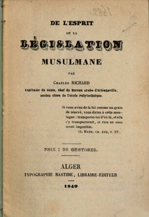 De l'esprit de la législation musulmane