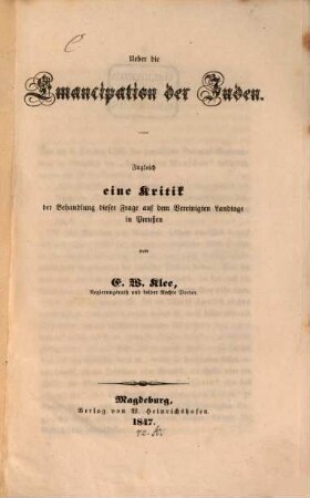 Ueber die Emancipation der Juden