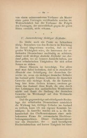 V. Auswanderung tüchtiger Erfinder
