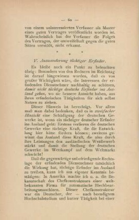 V. Auswanderung tüchtiger Erfinder