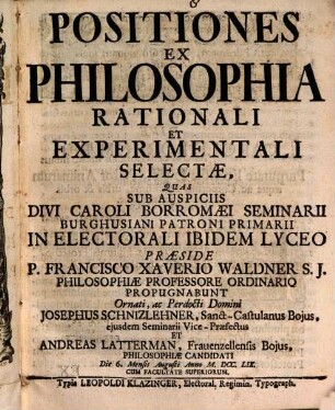 Positiones Ex Philosophia Rationali Et Experimentali Selectae