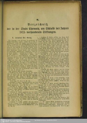 E. Verzeichniß der in der Stadt Chemnitz am Schlusse des Jahres 1875 vorhandenen Stiftungen
