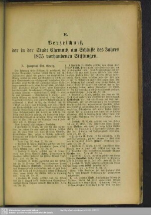 E. Verzeichniß der in der Stadt Chemnitz am Schlusse des Jahres 1875 vorhandenen Stiftungen