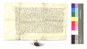 Mittwoch vor St. Burkhardt; Hans Kolb, der Mülner von Orenaw, bekennt, nachdem er im Turm in Öhringen gefangen lag, seine Leibeigenschaft gegenüber Albrecht von Hohenlohe; Siegel: Engelhart von Berlichingen.