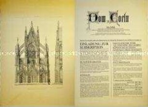 Doppelseitig bedrucktes Werbeplakat für den Erwerb einer Jubiläums-Faksimile-Ausgabe über den Kölner Dom anlässlich seiner Renovierung und baulichen Fertigstellung im Jahr 1880