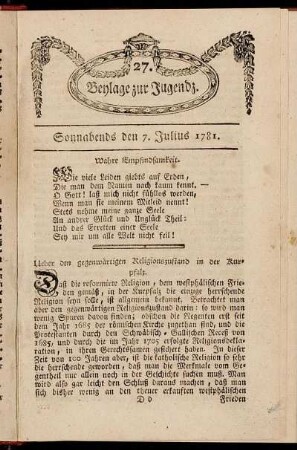 27. Beylage zur Jugendz. Sonnabends den 7. Julius 1781