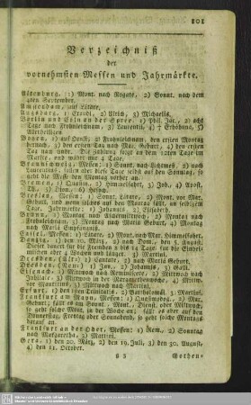 Verzeichniß der vornehmsten Messen und Jahrmärkte