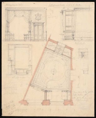 Wohnhaus Hanke, Berlin-Mitte: Grundriss, 3 Innenansichten, 4 Details Eckzimmer 1:40