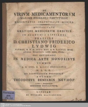 De Virium Medicamentorum Maxime Probabili Partitione : Dissertatio Inauguralis Medica