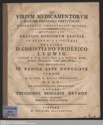 De Virium Medicamentorum Maxime Probabili Partitione : Dissertatio Inauguralis Medica