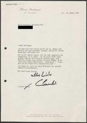 Brief an Wolfgang Rihm, 14.01.1991