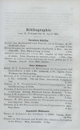 Bibliographie vom 15. Februar bis 15. April 1861.