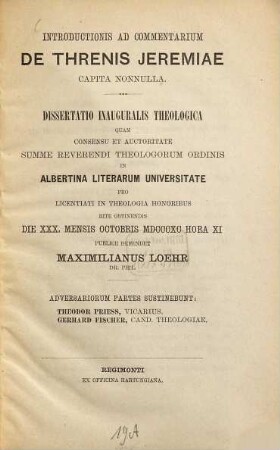 Introductionis ad commentarium de threnis Jeremiae capita nonnulla : dissertatio inauguralis theologica