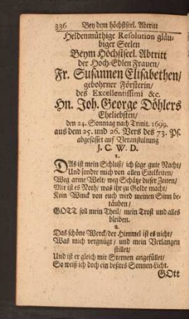 Heldenmüthige Resolution gläubiger Seelen Beym Höchstseel. Abtritt der Hoch=Edlen Frauen/ Fr. Susannen ...