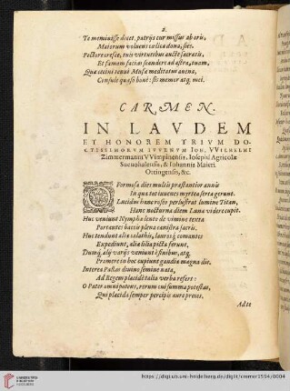 Carmen. In lavdem et honorem trivm doctissimorvm ivvenvm Ioh. Wilhelm [...]