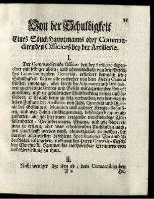 Von der Schuldigkeit Eines Stuck-Hauptmanns oder Commandirenden Officiers bey der Artillerie