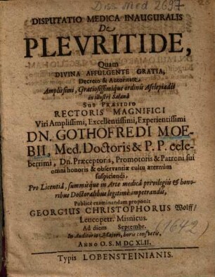 Disputatio Medica Inauguralis De Plevritide