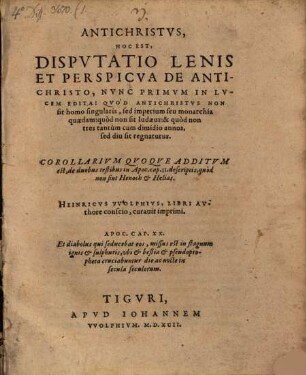 Antichristus, hoc est disputatio lenis ... de antichristo