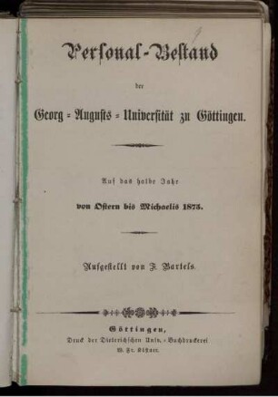SS 1875: Personal-Bestand der Georg-Augusts-Universität zu Göttingen