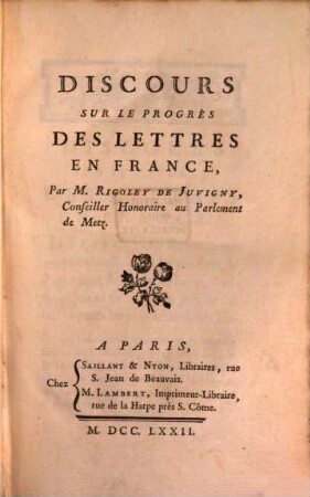 Discours sur le progres des lettres en France