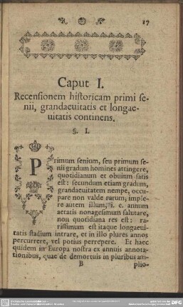 Caput I. Recensionem historicam primi senii, grandaevitatis et longaevitatis continens