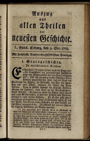 L. Stück. Coburg, den 9. Dec. 1761.