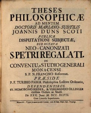 Theses philosophicae ad mentem Doctoris Mariano-Subtilis Joannis Duns Scoti