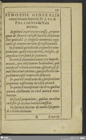 Synopsis Generalis concionum septem D. Lucae Pollionis de Vita aeterna