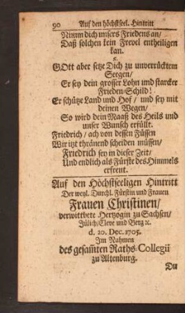 Auf den Höchstseeligen Hintritt Der weyl. Durchl. Fürstin und Frauen Frauen Christinen/ verwittbete Hertzogin zu Sachsen ...