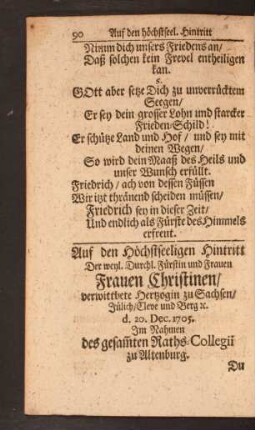 Auf den Höchstseeligen Hintritt Der weyl. Durchl. Fürstin und Frauen Frauen Christinen/ verwittbete Hertzogin zu Sachsen ...
