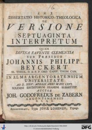 Dissertatio Historico-Theologica De Versione Septuaginta Interpretum