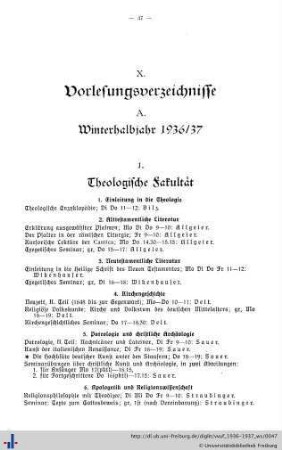 A. Vorlesungsverzeichnis für das Winterhalbjahr 1936/37