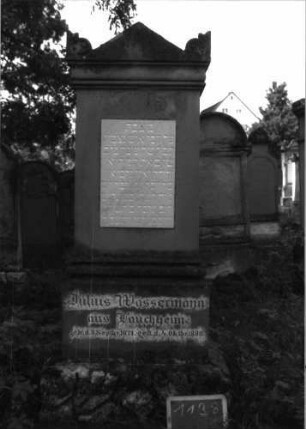 Grabstein 1138 (Index: 100104240) Material: Sandstein, Marmor Zustand: gut erhalten Maße HxBxT: 176x53x22 cm Beschreibung: Stele auf getrepptem Sockel, Giebelaufsatz mit Eckakroterien (Akanthus), eingelassene hochrechteckige Schrifttafel, unterster Sockel felsartig gearbeitet Symbolik: Akanthus: Grabstein 1138