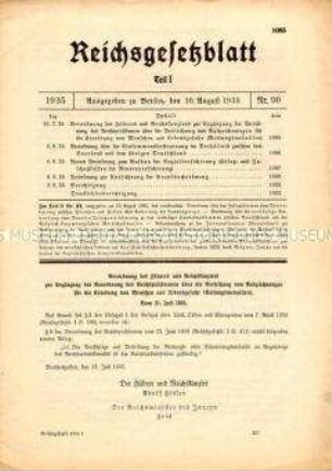 Reichsgesetzblatt, u.a. mit Verordnung des Führers zur Verleihung von Rettungsmedaillen