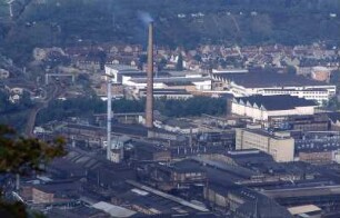 Eisenhüttenwerk Thale am Harz : Blick vom Hexentanzplatz auf das Eisen-und Hüttenwerk Thale, aufgenommen vor dem Abriss 1990 in Thale