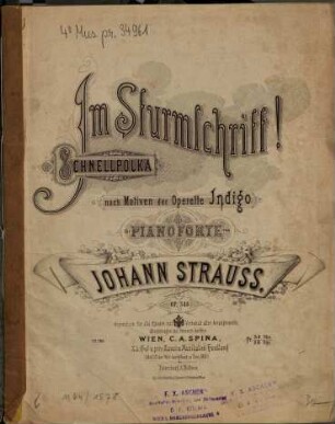 Im Sturmschritt : Schnellpolka nach Motiven d. Operette Indigo ; für Pianoforte ; op. 348