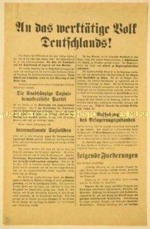 Faksimile Vorderseite / Teil 1: Programmatischer Aktionsaufruf der Unabhängigen Sozialdemokratischen Partei Deutschlands zur Verwirklichung von Demokratie und Sozialismus