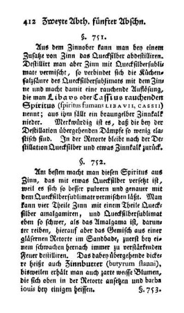 Zinn mit Zinnober, Quecksilbersublimat: Cassius rauchender Spiritus, Küchensalzäther (§. 751-753)