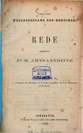 Über den Wesensbestand des Menschen : Rede gehalten zum Amtsantritte von J. B. Wenig