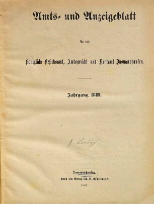 Amts- und Anzeigeblatt für das Königliche Bezirksamt Zusmarshausen. 1889