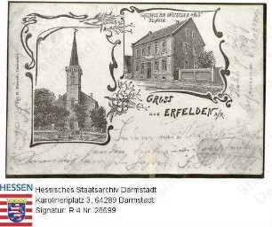 Erfelden, Grußpostkarte mit Einzelansichten / v.l.n.r.: Kirche, Vorderansicht, Gasthaus 'Zum Deutschen Haus', J.L. Nold